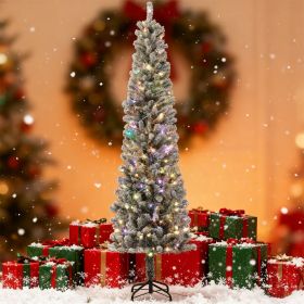 7.5 ft Pencil Christmas Tree, Pre-Lit Flocked Xmas Tree with Dual Color LED Lights, 519 Tips and Metal Stand, Green