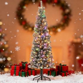6 ft Pencil Christmas Tree, Pre-Lit Flocked Xmas Tree with Dual Color LED Lights, 429 Tips and Metal Stand, Green