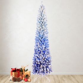 6FT Blue Gradient Flocked Pencil Christmas Tree with 200 Warm White LED Lights, 485 Tips, Hinged Branches, Slim Design