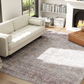 Machine Washable Area Rug 8x10, Non-Slip Traditional Flower Print Floor Carpet For Living Room, Bedroom, Grey And Brown (Color: BROWN)