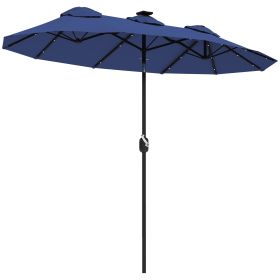 Double-sided Patio Umbrella, 9.7 Outdoor Umbrella With Tilt And Crank, LED Solar Light And 12 Ribs, Navy Blue (Color: Navy blue)