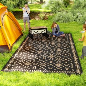 Reversible Outdoor Rug, Waterproof Plastic Straw With Carry Bag, 9 X 18, Black & Brown Rhombus (Color: BROWN)
