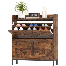 Shoe Cabinet Organizer With 2 Flip Drawers, Legs, Narrow Shoe Storage Cabinet For Entryway, Hallway, Rustic Brown (Color: BROWN)