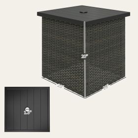 Wicker Side Table With 1.5 Umbrella Hole, Square Outdoor End Table With UV-Resistant Frame, Storage Space, Mixed-Brown (Color: BROWN)